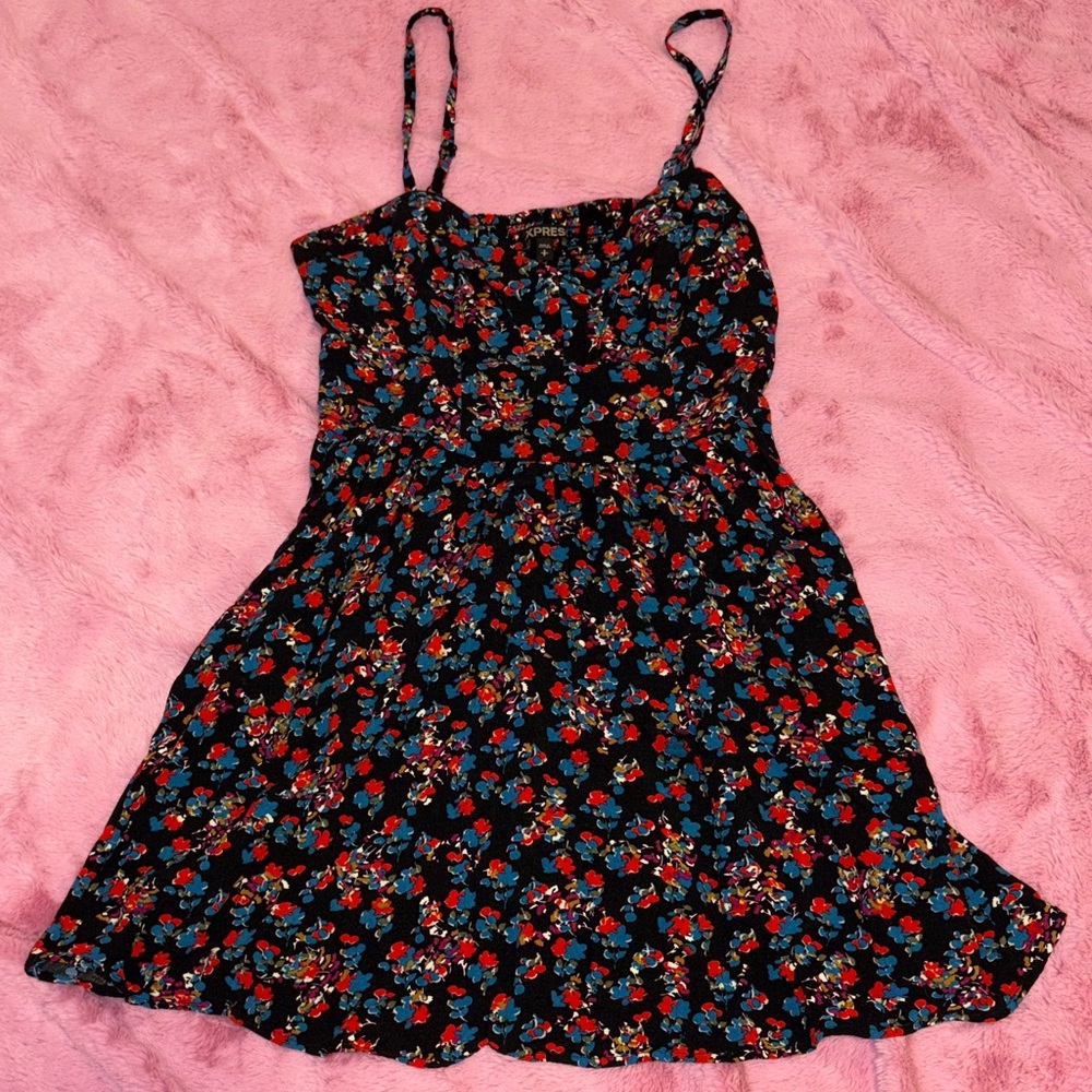 Express Floral Mini Dress - Black with Blue and Red Floral Cherry Blossom